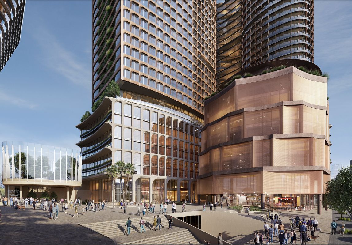 Amendments to the proposal include reductions to the Connector and Pavilion structures, and greater public activation. Image: Fender Katsalidis and Skidmore, Owings and Merrill
