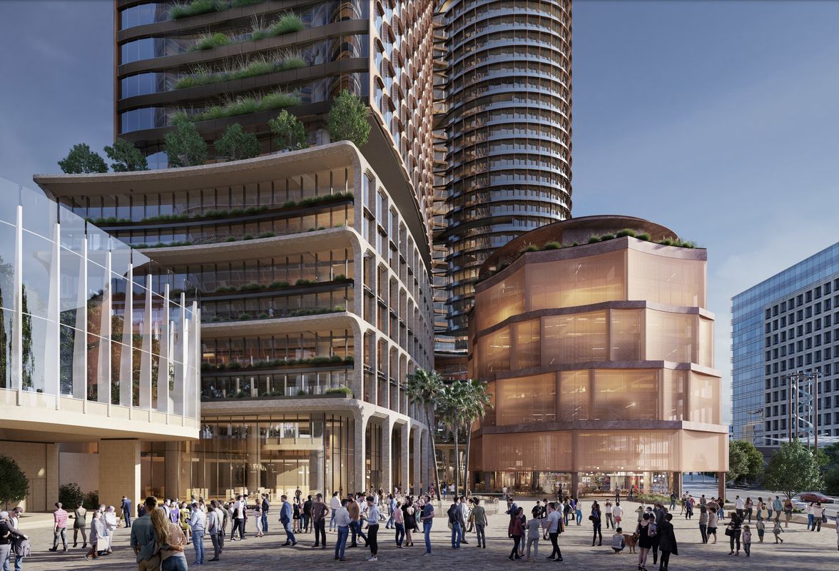 Amendments to the proposal include reductions to the Connector and Pavilion structures, and greater public activation. Image: Fender Katsalidis and Skidmore, Owings and Merrill