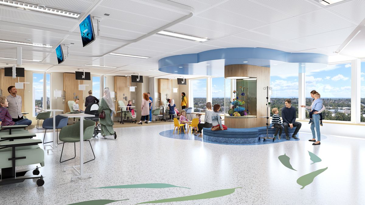 The design of the Paediatric Services Building by Billard Leece Partnership uses biophilic design principles to create a stress-free, non-threatening environment for patients. Image: Billard Leece Partnership