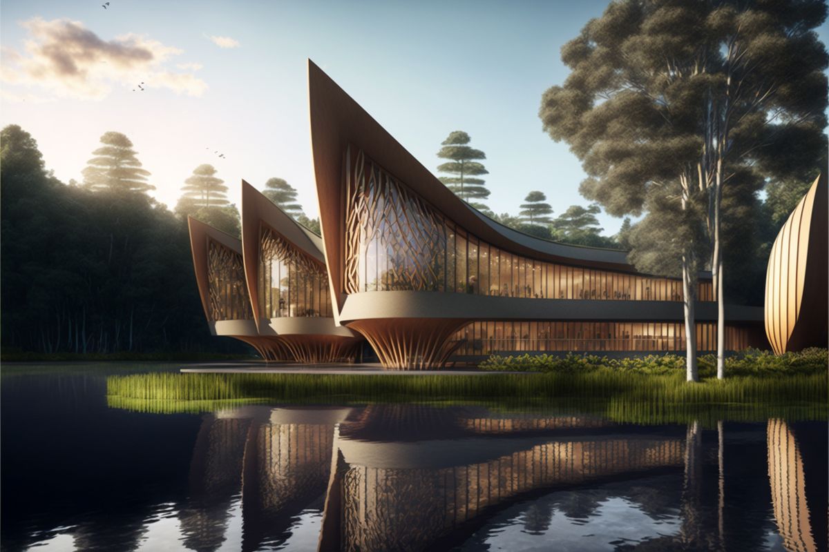 A concept for a civic building inspired by waka and connection to awa (river). Image: Render created with Midjourney