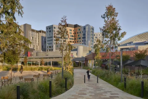 Conceived as both a civic threshold and play space, the Kid Park entry sequence combines landscaped gardens, pedestrian pathways, seating, play areas, shelter and art alongside retail offerings. Image: Tom Roe