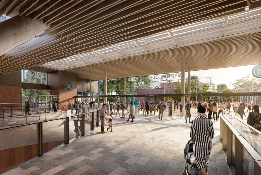 The metro station, surrounding public domain and the adjacent developments intend to deliver a more connected Sydney Olympic Park. Image: Courtesy of NSW government